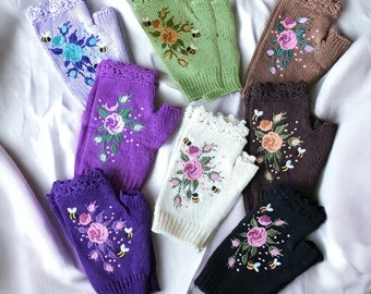 Guantes de bordado floral, guantes cálidos de invierno, guantes para adultos de punto de lana, guantes de punto, calentador de manos, bordado a mano, guantes de mujer, regalo para ella