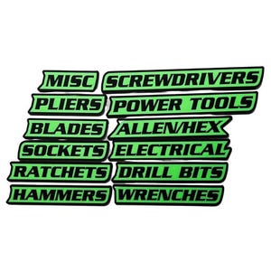 Toolbox Label Magnets - Essentials Set - 12 pcs -Black/Lime Green