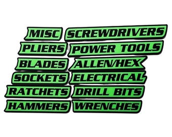 Toolbox Label Magnets - Essentials Set - 12 pcs -Black/Lime Green
