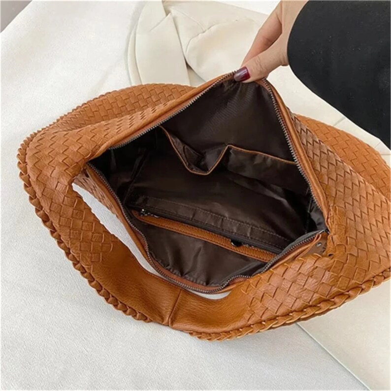 Bolso clutch de bolso de cuero entretejido, bolso de diseñador grande, bolso tejido de nudo de bolso de bola de masa de cuero, bolso de hombro de cuero vegano, regalo para ella imagen 3