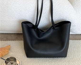 Bolso de mano de cuero de grano plano vegano suave / Tote minimalista para computadora portátil / Bolso de hombro de gran capacidad con inserto extraíble / Tote esencial / Regalo para ella