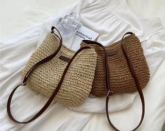 Borsa in paglia fatta a mano, borse casual di grande capacità, borsa estiva in tessuto a spalla da donna, borsa da spiaggia, borsa in paglia beige, regalo per lei