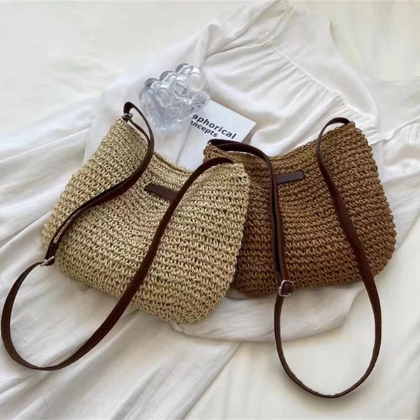 Handmade straw handbag, large capacity casual tote purses, summer woman shoulder woven bag, beach tote bag, beige Straw Purse, gift for her