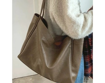 Bolso de mano de cuero vegano suave / Tote portátil / Bolso de hombro de gran capacidad con inserto extraíble / Tote de uso diario / Regalo para ella