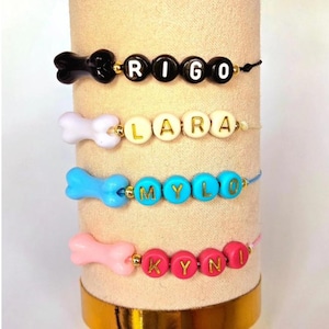Pet Name Bracelet with Bone Charm – Adjustable Personalized Bracelet for Dog Lovers – 4 Colors