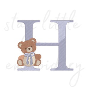 Ours mignon lettre H - motif de broderie bébé - 85 mm - téléchargement immédiat - pes, dst, exp, jef, jef+, xxx, hus, vip, sew