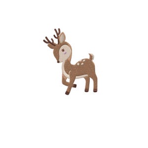 May include: A brown and white cartoon deer with antlers. The deer is standing on all four legs and has a pink nose.