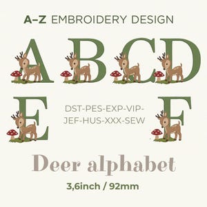 Forest Alphabet Embroidery Design - Letters A to Z with Mushroom & Deer - approx. 92mm - Digital Download for Machine Embroidery