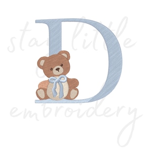 Letra D com desenho de bordado de urso – Monograma fofo de bebê – 85 mm – pes, dst, exp, jef+, xxx, hus, sew, vip