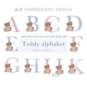 Diseño de bordado de osito de peluche - Letras del alfabeto de la A a la Z - 3,3 pulgadas - Descarga digital para bordado a máquina