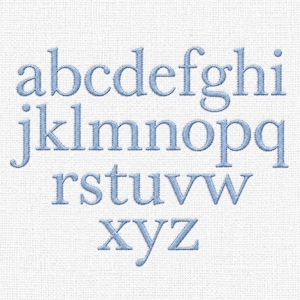 May include: A set of lowercase letters from a to z embroidered in a light blue thread on a white fabric background. The letters are arranged in four rows, featuring a classic serif font style with consistent stitching throughout the alphabet.