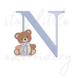 Ours mignon lettre N - motif de broderie bébé - 85 mm - téléchargement immédiat - pes, dst, exp, jef, jef+, xxx, hus, vip, sew