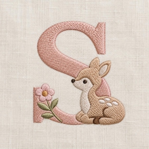 Può includere: Una lettera S ricamata in filo rosa polvere su uno sfondo in tessuto beige chiaro. La lettera presenta un piccolo cerbiatto marrone seduto alla base e un singolo fiore rosa con foglie verdi attaccato sul lato inferiore sinistro della lettera.