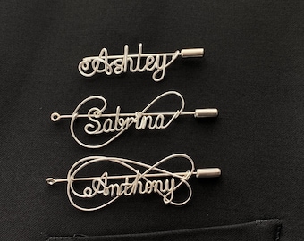 Personalized Wire Pins, Custom Name Silver Brooches, Hat Pin, Name ID Tags