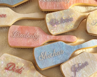 Personalized Rhinestone Name Paddle Brush, Custom Big Size Hair Brush, Pink Blue White Comb