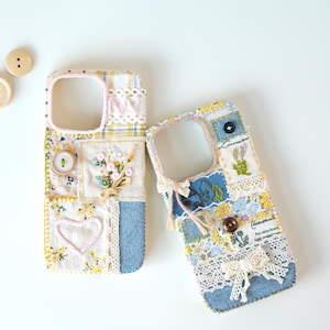 Cottagecore Embroidered Patchwork Cloth Phone Case, Handmade Sewn Floral Design, Vintage Fabric Phone Cases
