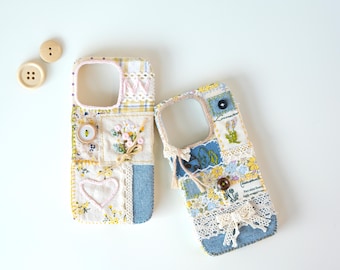 Cottagecore Embroidered Patchwork Cloth Phone Case, Handmade Sewn Floral Design, Vintage Fabric Phone Cases