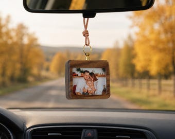 Custom Photo Walnut Wood Rearview Mirror Hanger, Personalized Wooden Picture Frame Car Ornament
