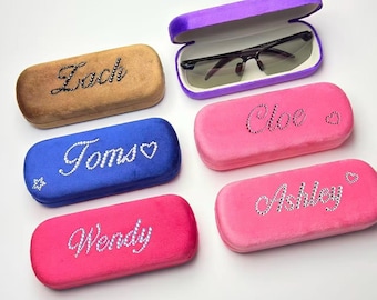 Custom Rhinestone Name Velvet Glasses Case, Personalized Sunglasses Case, Monogram Eyeglass Holder, Bridesmaid Gift