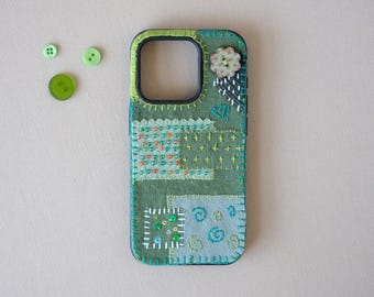 Handmade Patchwork Fabric Phone Case, Unique Sewn Embroidery iPhone Cover, Green Bohemian Vintage Style