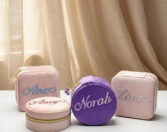 Personalized Rhinestone Name Velvet Jewelry Box, Custom Jewelry Case, Bridesmaid Gift, Monogrammed Jewellery Organizer