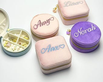 Custom Rhinestone Name Velvet Jewelry Box, Personalized Travel Jewelry Case, Bride, Bridesmaid, Bachelorette Party