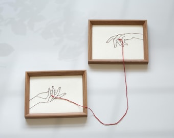 Embroidered Couple Hands Wall Hanging Art, Red Thread of Fate, Bound By Love, Minimalist