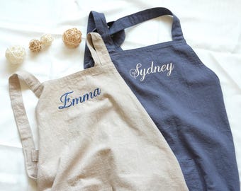 Personalized Linen Apron, Custom Name Embroidered Cooking Apron, Adjustable Strap Tie-back, Cotton Lightweight