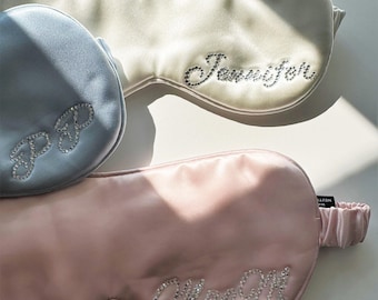 Personalized 22 Momme Mulberry Silk Eye Mask, Custom Rhinestone Name Sleep Mask, Sleepwear Accessory
