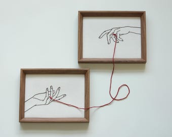 Embroidered Couple Wall Art, "Bound By Love, Hand in Hand", Red Thread of Fate