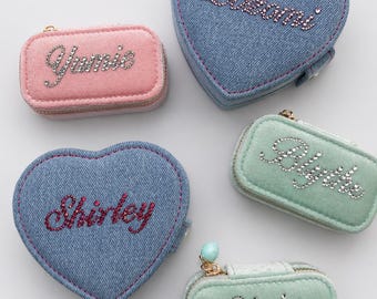 Personalized Rhinestone Name Jewelry Box, Denim Heart, Velvet Jewelry Case, Travel Organizer, Bridesmaid Gift
