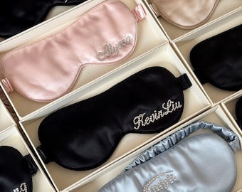 Personalized 22 Momme Mulberry Silk Sleep Mask, Custom Rhinestone Name Eye Mask, Bridal Shower