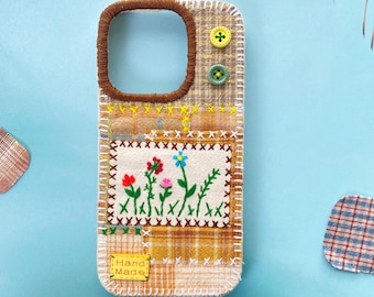 Handmade Embroidered Patchwork Cloth Phone Case, Sewing Vintage Floral Fabric Art, Stitch Button Detailing