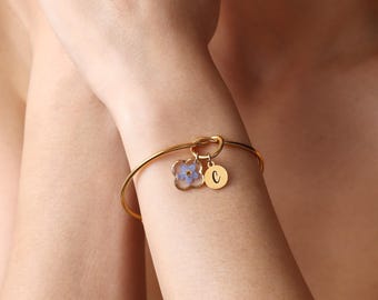 Forget Me Not Resin Flower Bracelet, Custom Initial Bracelet, Real Flower Jewelry, Bridesmaid Bracelet, Friendship Gift
