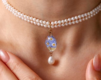 Forget Me Not Freshwater Pearl Necklace, Double Strand Freshwater Pearls, Resin Flower Pendant, Bridesmaid Gift for Her