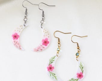 New Beginnings Gift, Crescent Moon Birthstone Earrings, Mother of Pearl Floral Earrings, New Chapter Gift for Friend