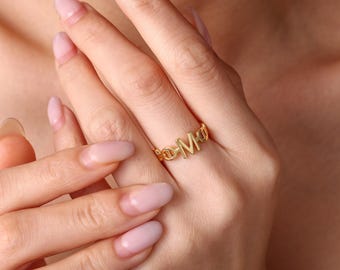 Personalized Initial Open Ring, Custom Letter Adjustable Ring, Minimalist Monogram Ring, Dainty Gold or Silver Tone, Gift for Girlfriend