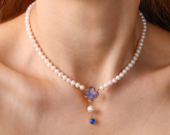 Forget Me Not Freshwater Pearl Necklace, Resin Flower Bridal Necklace, Something Blue Wedding Jewelry, Bridesmaid Gift, Bride Gift