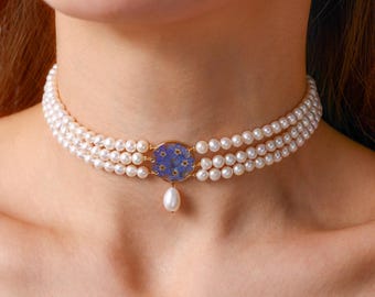 Freshwater Pearl Bridal Choker Necklace, Real Forget Me Not Flowers Pendant, 3 Layer Pearl Wedding Necklace, Romantic Bride Jewelry