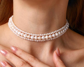 Triple Strand Freshwater Pearl Necklace, Mixed Size 3 Layered Choker, Wedding Jewelry, Romantic Jewelry Gift for Girlfriend