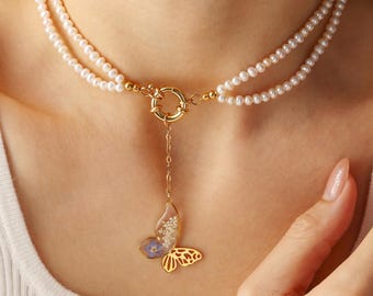Butterfly Double Strand Pearl Necklace, Forget Me Not & Lace Flower Resin Pendant, Freshwater Pearl Jewelry, Bridesmaid Wedding Gift