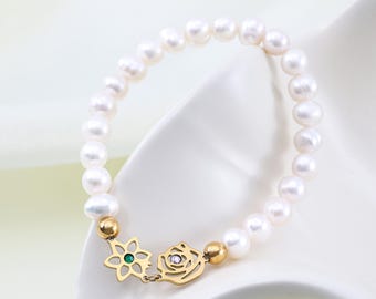 Freshwater Pearl Birth Flower Bracelet, Personalized Birthstone Pearl Bracelet, Bridesmaid Gift, Wedding Jewelry, Gift for Daughter
