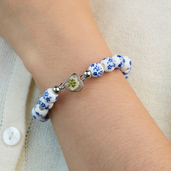 Baby's Breath Bracelet, Blue White Porcelain Bracelet, Real Pressed Flower Jewerly, Miscarriage Gift, Memorial Gift, Gift for Her