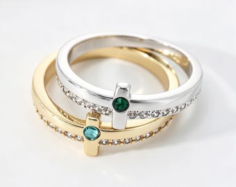 Personalized Birthstone Cross Ring, Custom Birthday Jewelry, Dainty Stacking Ring, Meaningful Gift for Her
