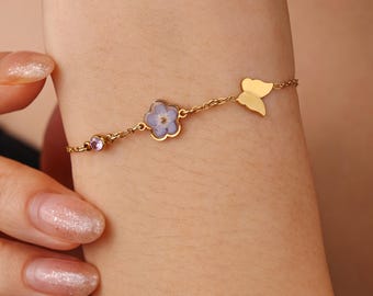 Forget Me Not Flower Bracelet with Birthstone, Stainless Steel Butterfly Bracelet, Going Away Gift for Her, Farewell Friendship Gift