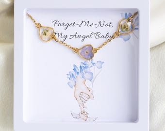 Bracciale Cuore Non ti scordar di me, Bracciale del respiro del bambino, Fiore pressato reale in resina personalizzata, Regalo di aborto spontaneo, Regalo di perdita del bambino, Regalo per lei