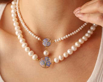 Double Layer Freshwater Pearl Necklace, Forget Me Not Flower Resin Pendant, Unique Bridal Wedding Jewelry, Bridesmaid Gift for Her
