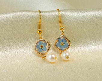 Forget Me Not Freshwater Pearls Earrings, Forget Me Not Earrings, Real Flower Resin Earring, Bridesmaid Gifts, Gift for Women, Gift for Her