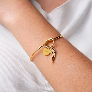 Pulsera inicial de alas de ángel personalizada, Pulsera con nudo de letra grabada, Joyería de alas de ángel, Pulsera memorable, Pérdida infantil, Regalo para ella