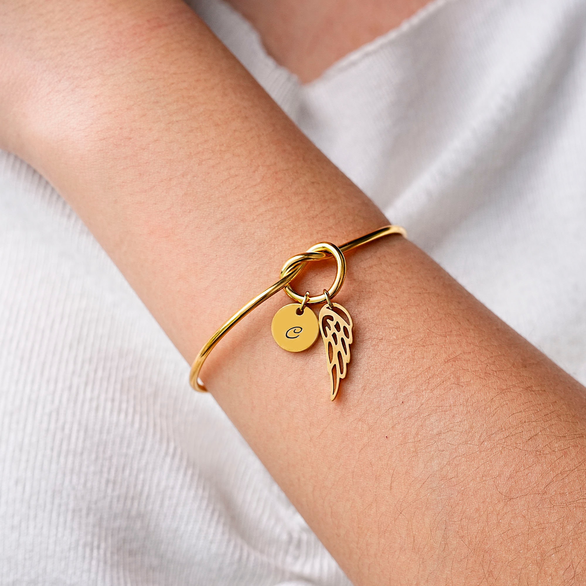 Personalized Angel Wings Initial Bracelet, Engraved Letter Knot